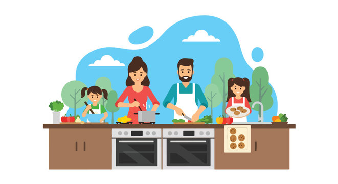 Adobe illustrator artwork vector illustration. Happy family cooking together in the kitchen, preparing healthy meals and enjoying quality time, promoting family bonding