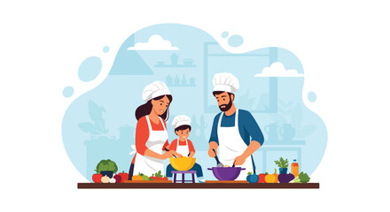 Adobe illustrator artwork vector illustration. Happy family cooking together in the kitchen, preparing healthy meals and enjoying quality time, promoting family bonding