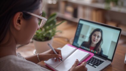 Writing woman jotting in pink notebook with pen at home office, laptop and succulent, copy space