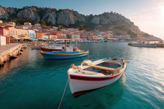 Tranquil harbor scene with colorful boats gently floating on clear turquoise water. A charming coastal town sits nestled against rocky hills, bathed in warm, sunny light.