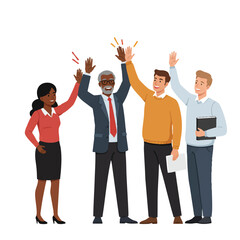 Diverse coworkers high fiving in a cheerful 2D flat illustration, symbolizing successful business teamwork, corporate unity, and collaborative achievement on a clean white background.