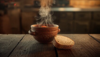Presenting earthenware bowl steaming on wooden table in country style kitchen, crusty bread slice