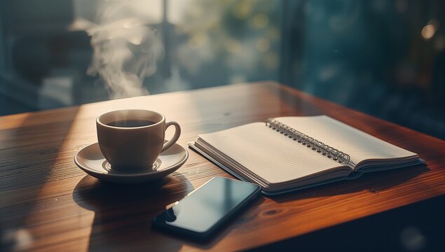Resting ceramic coffee cup steaming on wooden table at coffee shop, with notebook and smartphone