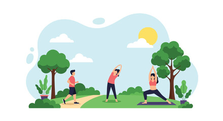 Adobe illustrator artwork vector illustration. People exercising in a sunny park, including running, stretching, and yoga, promoting diverse outdoor fitness activities and well-being