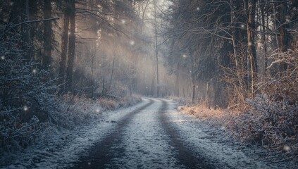 Obraz premium Curving snow-covered dirt road winding into snowy forest, with tire tracks and shafts of sunlight