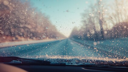 Revealing car windshield showing melting snow droplets and ice crystals, framing rural winter road