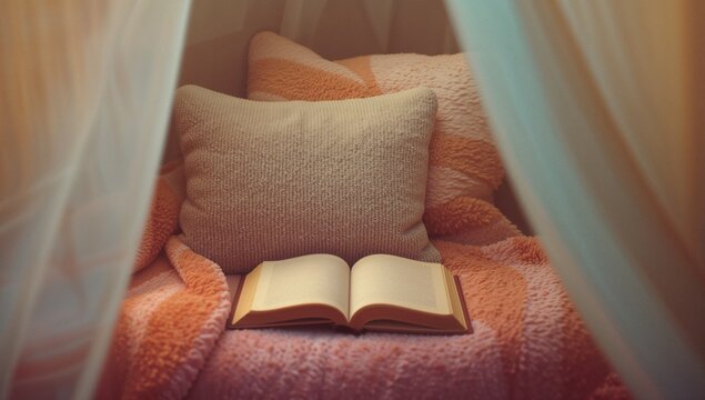 Resting open hardcover book lying face-up in bedroom reading nook, with plush throw, sheer curtains