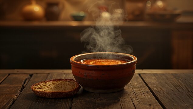 Steaming terra-cotta soup bowl resting on table in cozy kitchen, with bread slice and ceramic jars - Powered by Adobe