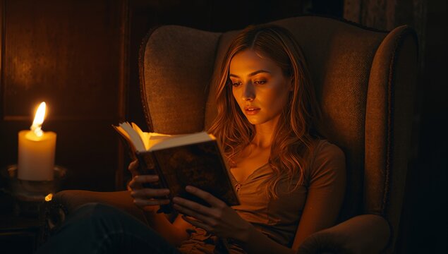 Woman wearing fitted top, jeans, reading hardcover book by lit candle in wingback chair in study - Powered by Adobe