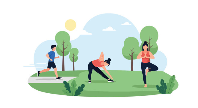 Adobe illustrator artwork vector illustration. People exercising in a sunny park, including running, stretching, and yoga, promoting diverse outdoor fitness activities and well-being
