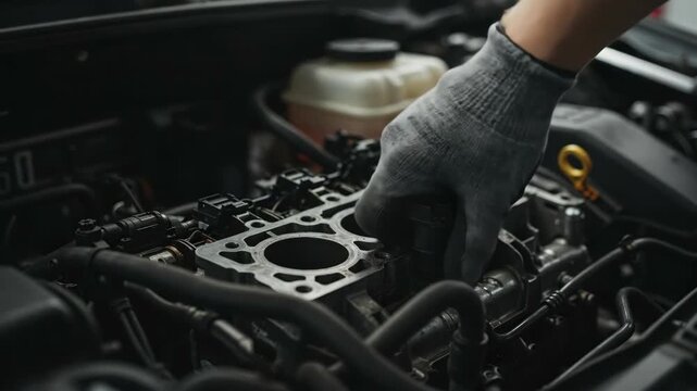 Mechanic installing an ignition coil in a car engine. Close-up of auto repair and vehicle maintenance. Professional automotive service concept