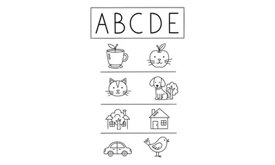 Educational chart with letters abcde and simple line drawings of everyday objects for kids learning