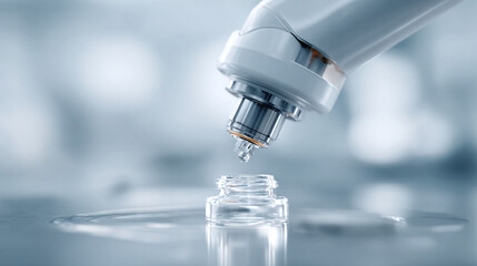Precise liquid dispensing into a vial. Hightech, clean design conveying precision, purity, and innovation. Suitable for science, medicine, cosmetics,  technology concepts.