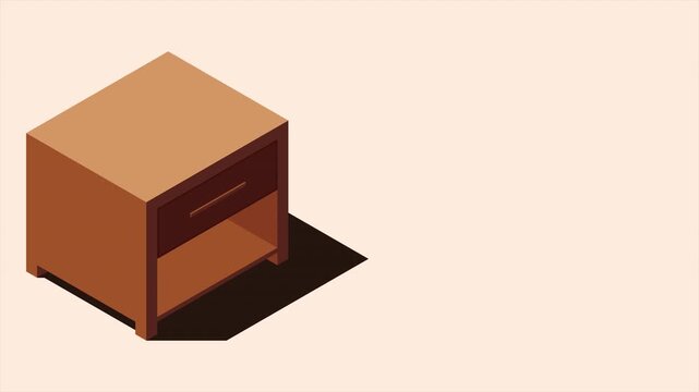 Isometric bedside table animation. Isometric nightstand. Wooden bedside table. Isometric bedroom furniture. Isometric home furniture. 4K video animated in isometric style