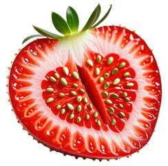 A halved, vibrant, ripe strawberry showing seeds and texture
