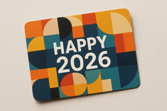 Creative business card design with “Happy 2026” text and abstract geometric background
