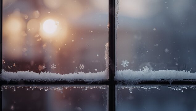 Filtering sunlight through frosted panes on sill with ice crystals, snowline and water droplets