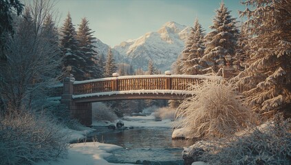 Spanning wooden footbridge crossing stream in mountain valley forest, with snow-capped mountains