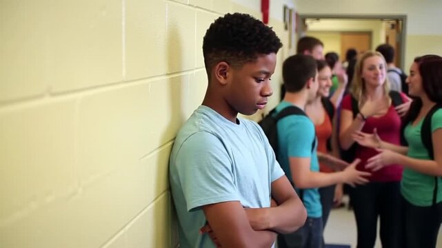 Lonely boy standing alone in a busy school hallway. Bullying concept.