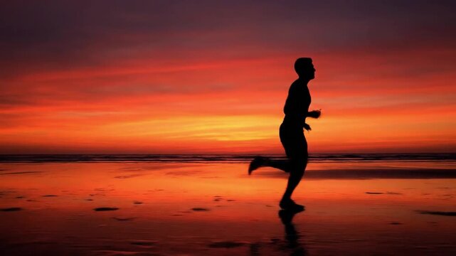Silhouette of a young man jogging on the beach at sunset. Fitness and determination concept.