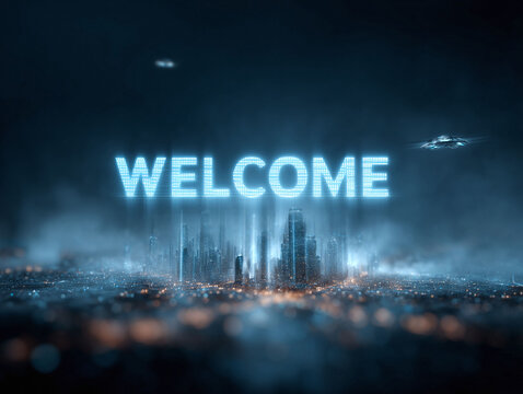 Futuristic cityscape with glowing WELCOME text. Concept of arrival, connection, and innovation. Ideal for tech, travel, or business communications.