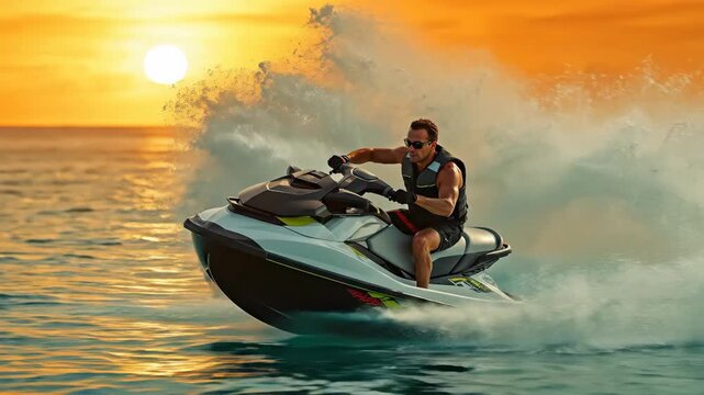 Man riding a jet ski on the water at sunset in slow motion. Dynamic action shot of a personal watercraft creating a large splash. Summer vacation and water sports adventure