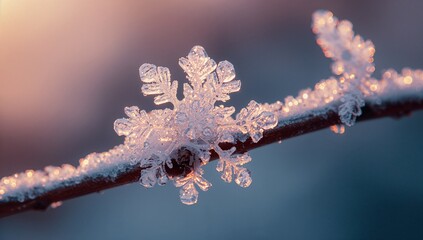 Shining single six-armed snowflake crystal glistening on thin twig at sunrise, with frost clusters