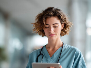 Focused healthcare worker in scrubs using a tablet. Represents modern medicine, technology integration, and patient care. Useful for health, science, and hospital contexts.