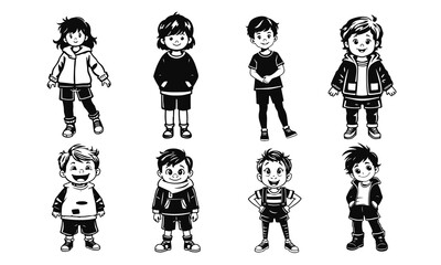 Set of cute cartoon children characters, happy boys and girls in casual clothes, vector illustration in black and white style, smiling kids, funny expressions, child faces collection