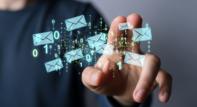 Hand reaching towards a holographic display of email icons and binary code communication - Powered by Adobe