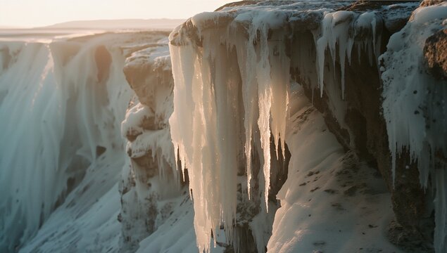 Catching icicles and frozen waterfall glimmering in icy gorge, with snowdrifts and cliff faces - Powered by Adobe