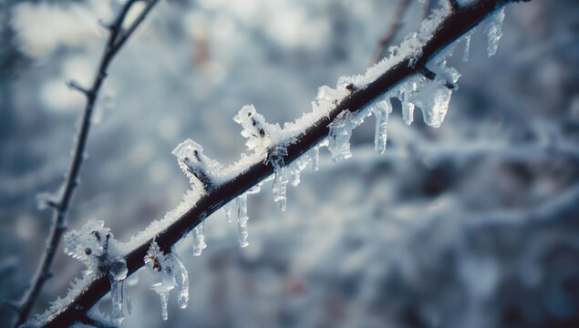 Glistening frost-coated tree branch arching across winter forest, with sparkling icicles