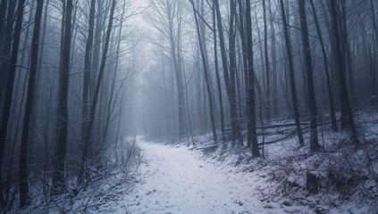 Obraz premium Winding snow-covered trail weaving through cold forest, with bare trees, fallen branches, light fog