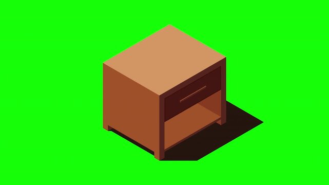 Isometric bedside table animation. Isometric nightstand. Wooden bedside table. Isometric bedroom furniture. Isometric home furniture. 4K video animated in isometric style