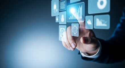 Hand interacting with a futuristic holographic interface displaying charts and data