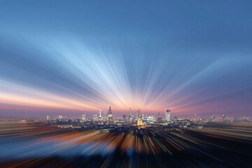 Dynamic cityscape at dusk featuring a stylized zoom effect conveying speed, progress, growth. Ideal for illustrating innovation, technology, finance, or global business.