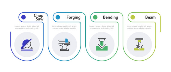 Metal forming machinery infographic template. Heavy industry, equipment. Data visualization with 4 steps. Process vector design. Editable rounded options info graphics. Lexend font used