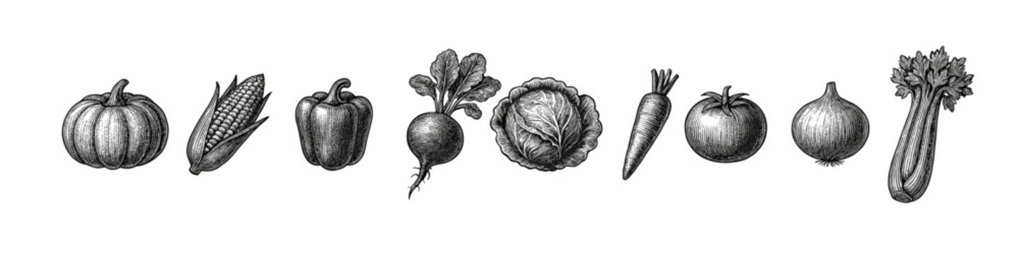 Hand drawn vintage engraving of diverse vegetables in black and white