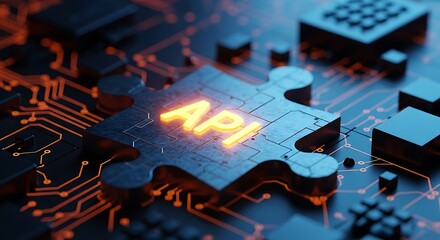 Close-up of a puzzle piece with the word API glowing orange on a circuit board background