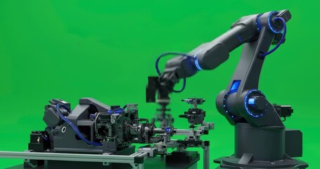 robotic arm precisely manipulates components on an assembly line against a vibrant green screen background. - Powered by Adobe