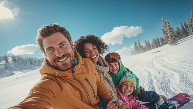 Capturing family in winter jackets riding toboggan sled on snowy mountain slope, with ski goggles - Powered by Adobe