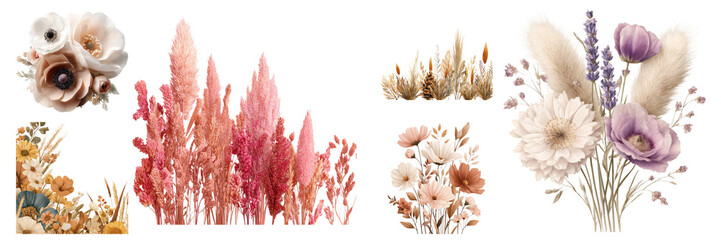 Beautiful collection of vintage floral bouquets, botanicals, and grassy arrangements in elegant pastel hues on transparent background