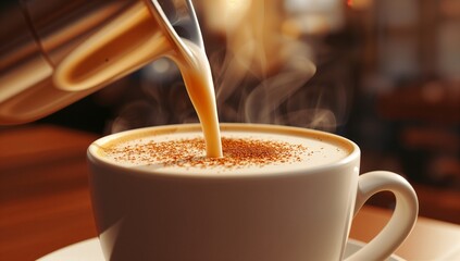 White ceramic coffee cup receiving milk from stainless steel pitcher in cafe, with cocoa dusting