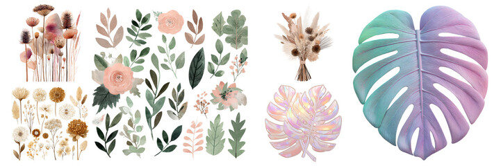 Collection of watercolor flowers, leaves, and tropical foliage in pastel colors, elegant botanical elements on transparent background