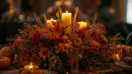Fall floral centerpiece glowing on burlap runner at rustic wooden table, with lit votive candles