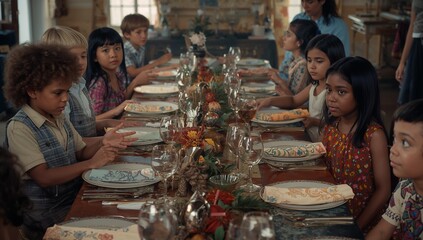 Sitting nine children waiting around wooden dining table in farmhouse room, with fall centerpiece