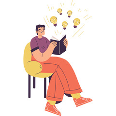 Man Sits On A Chair Reading A Book With Ideas Appearing As Lightbulbs Above His Head symbolizing innovation and inspiration
