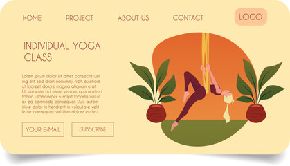Yoga studio, individual yoga class vector advertising landing page, woman practicing aerial yoga on the hanging rope