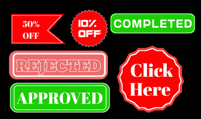 Discount Labels and Status Badges — Sale, Approved, Rejected, and Click Here Buttons Vector Set