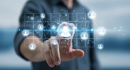 Person's Finger Touching a Digital Network of Connected People Icons screen